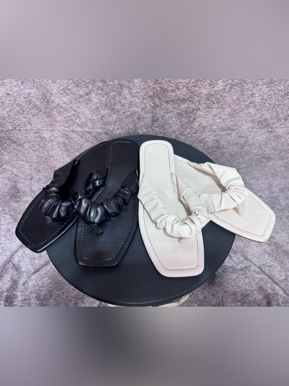 2 Pairs Size 9.5 Women's Ruched Strap Square-Toe Thong Sandals in Black & Cream